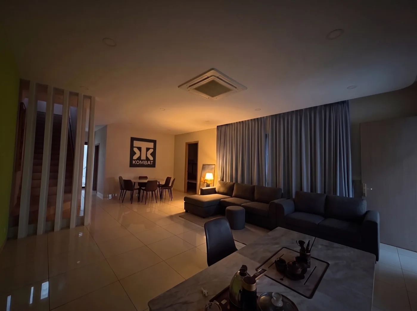 The shared living area at Kombat House in the evening
